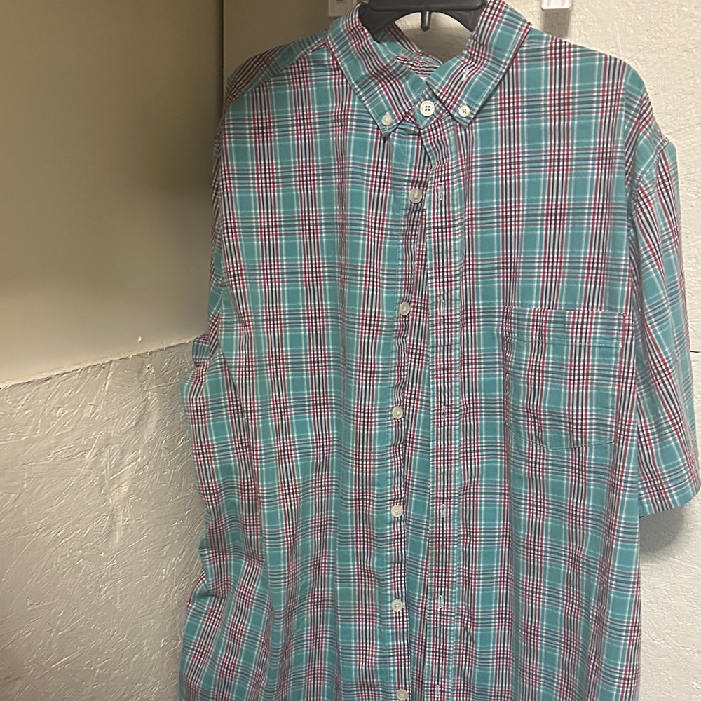 Casual Teal and Red Plaid Button-Down Shirt